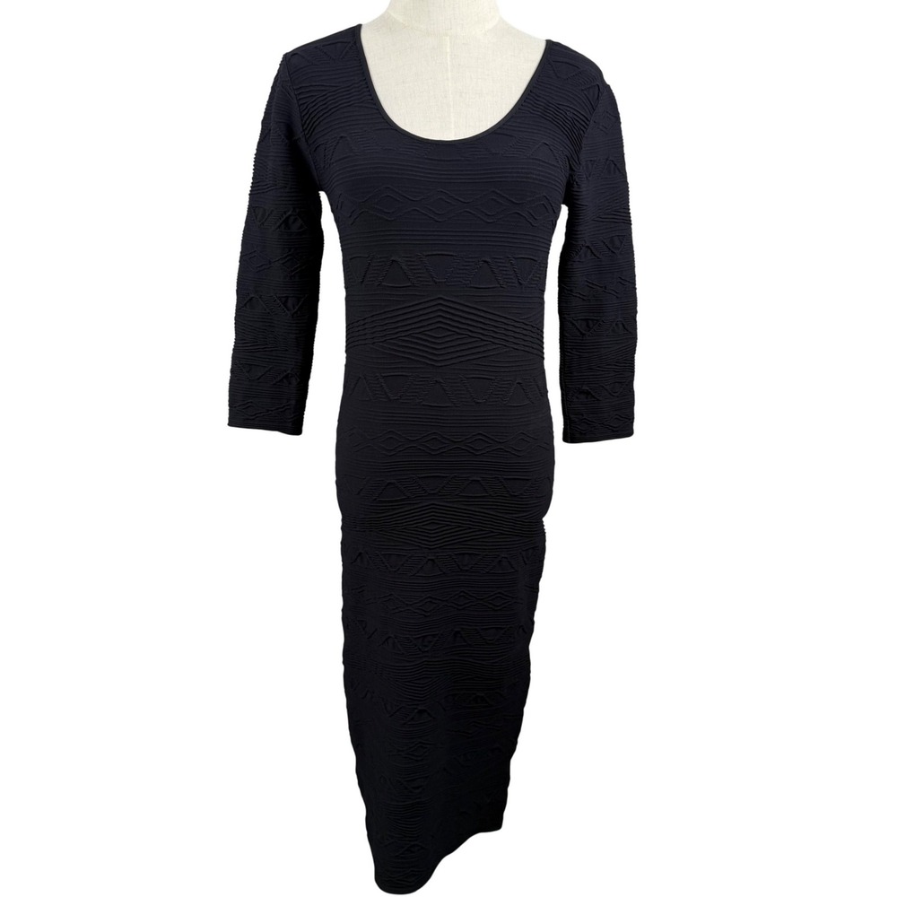 Tees‎ By Tina Women OS Midi Dress Black Textured Stretch Bodycon Geometric LBD